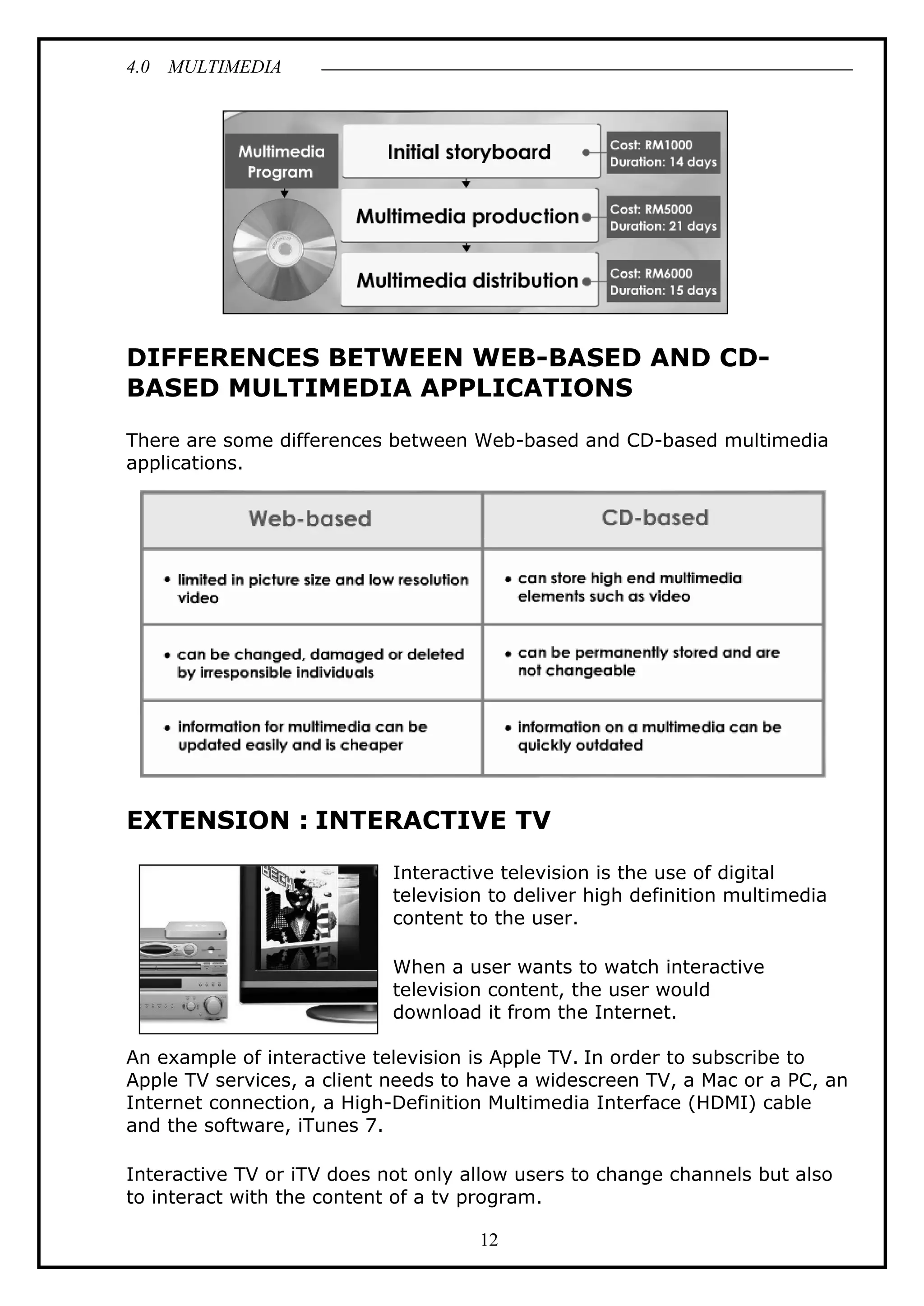 4.0 MULTIMEDIA
12
DIFFERENCES BETWEEN WEB-BASED AND CD-
BASED MULTIMEDIA APPLICATIONS
There are some differences between Web-based and CD-based multimedia
applications.
EXTENSION : INTERACTIVE TV
Interactive television is the use of digital
television to deliver high definition multimedia
content to the user.
When a user wants to watch interactive
television content, the user would
download it from the Internet.
An example of interactive television is Apple TV. In order to subscribe to
Apple TV services, a client needs to have a widescreen TV, a Mac or a PC, an
Internet connection, a High-Definition Multimedia Interface (HDMI) cable
and the software, iTunes 7.
Interactive TV or iTV does not only allow users to change channels but also
to interact with the content of a tv program.
 