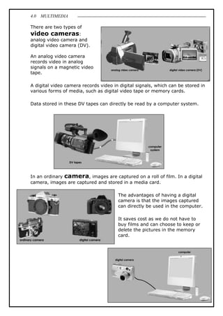4.0 MULTIMEDIA
20
There are two types of
video cameras:
analog video camera and
digital video camera (DV).
An analog video camera
records video in analog
signals on a magnetic video
tape.
A digital video camera records video in digital signals, which can be stored in
various forms of media, such as digital video tape or memory cards.
Data stored in these DV tapes can directly be read by a computer system.
In an ordinary camera, images are captured on a roll of film. In a digital
camera, images are captured and stored in a media card.
The advantages of having a digital
camera is that the images captured
can directly be used in the computer.
It saves cost as we do not have to
buy films and can choose to keep or
delete the pictures in the memory
card.
 