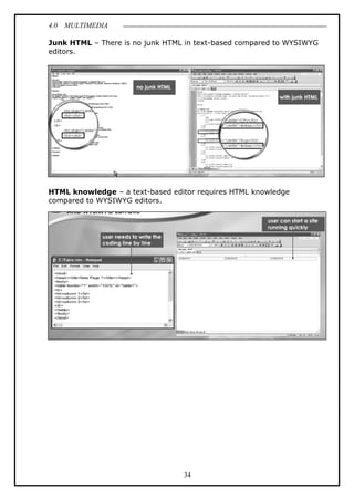 4.0 MULTIMEDIA
34
Junk HTML – There is no junk HTML in text-based compared to WYSIWYG
editors.
HTML knowledge – a text-based editor requires HTML knowledge
compared to WYSIWYG editors.
 