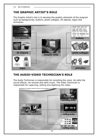 4.0 MULTIMEDIA
59
THE GRAPHIC ARTIST'S ROLE
The Graphic Artist's role is to develop the graphic elements of the program
such as backgrounds, buttons, photo collages, 3D objects, logos and
animation.
THE AUDIO-VIDEO TECHNICIAN'S ROLE
The Audio Technician is responsible for recording the voice. He edits the
sound effects. He records and edits music. The Video Technician is
responsible for capturing, editing and digitizing the video.
 