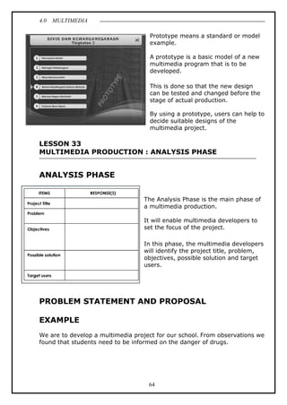 4.0 MULTIMEDIA
64
Prototype means a standard or model
example.
A prototype is a basic model of a new
multimedia program that is to be
developed.
This is done so that the new design
can be tested and changed before the
stage of actual production.
By using a prototype, users can help to
decide suitable designs of the
multimedia project.
LESSON 33
MULTIMEDIA PRODUCTION : ANALYSIS PHASE
ANALYSIS PHASE
The Analysis Phase is the main phase of
a multimedia production.
It will enable multimedia developers to
set the focus of the project.
In this phase, the multimedia developers
will identify the project title, problem,
objectives, possible solution and target
users.
PROBLEM STATEMENT AND PROPOSAL
EXAMPLE
We are to develop a multimedia project for our school. From observations we
found that students need to be informed on the danger of drugs.
 