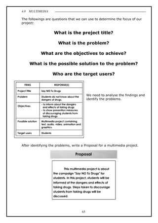 4.0 MULTIMEDIA
65
The followings are questions that we can use to determine the focus of our
project:
What is the project title?
What is the problem?
What are the objectives to achieve?
What is the possible solution to the problem?
Who are the target users?
We need to analyse the findings and
identify the problems.
After identifying the problems, write a Proposal for a multimedia project.
 