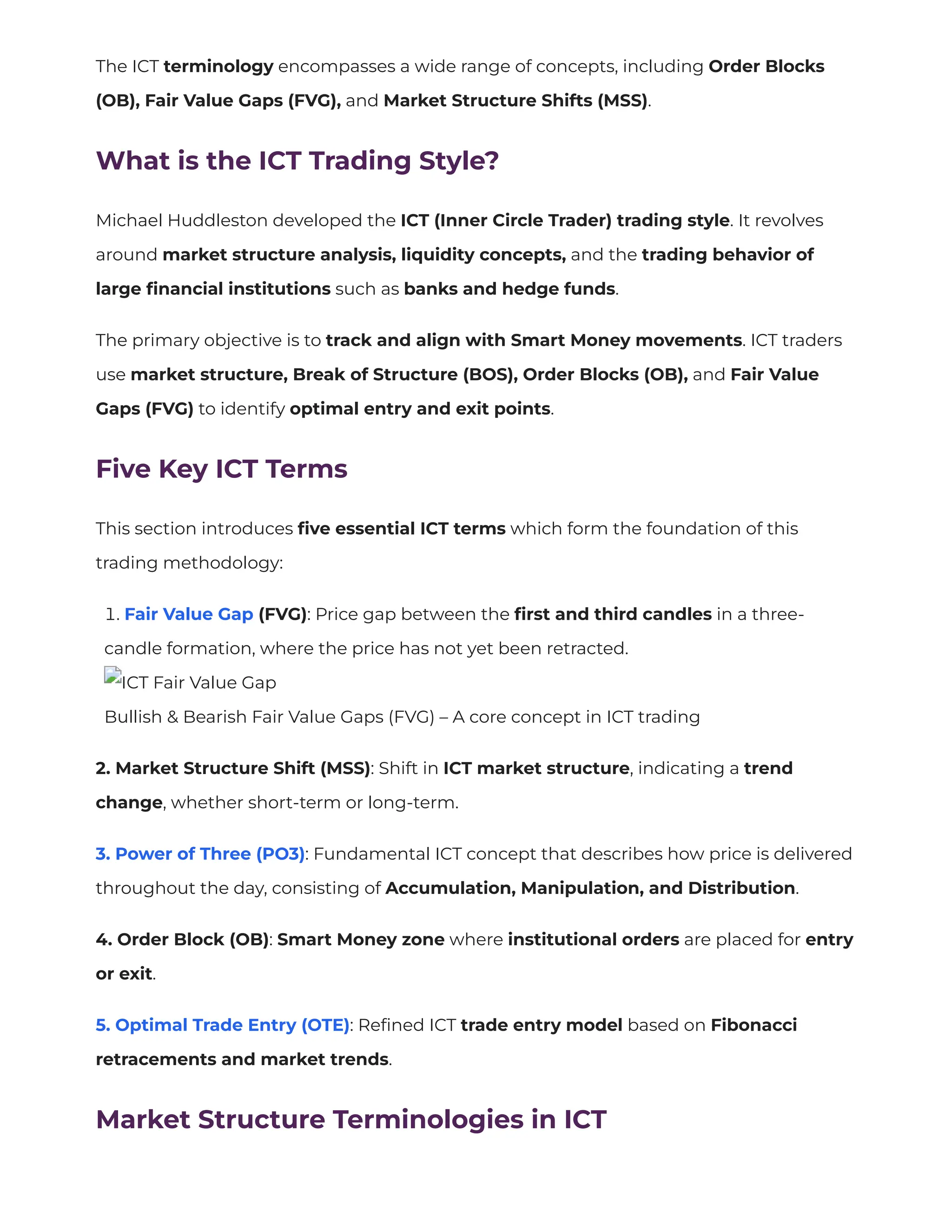 ICT Trading Style Abbreviations and Terminologies [FVGs, OBs, PO3 & MMXM] |  PDF