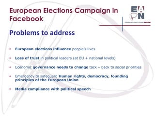 European Elections Campaign in
Facebook

Problems to address


European elections influence people’s lives



Loss of trust in political leaders (at EU + national levels)



Economic governance needs to change tack – back to social priorities



Emergency to safeguard Human rights, democracy, founding
principles of the European Union



Media compliance with political speech

 