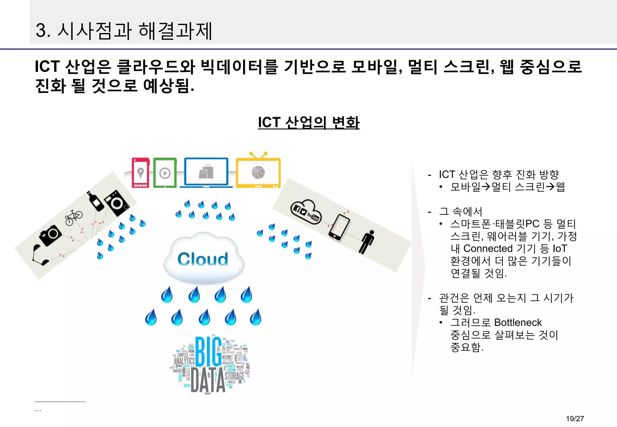 3. 시사점과 해결과제
ICT 산업은 클라우드와 빅데이터를 기반으로 모바일, 멀티 스크린, 웹 중심으로
진화 될 것으로 예상됨.
ICT 산업의 변화

- ICT 산업은 향후 진화 방향
• 모바일멀티 스크린웹
- 그 속에서
• 스마트폰·태블릿PC 등 멀티
스크린, 웨어러블 기기, 가정
내 Connected 기기 등 IoT
환경에서 더 많은 기기들이
연결될 것임.
- 관건은 언제 오는지 그 시기가
될 것임.
• 그러므로 Bottleneck
중심으로 살펴보는 것이
중요함.

…

19/27

 