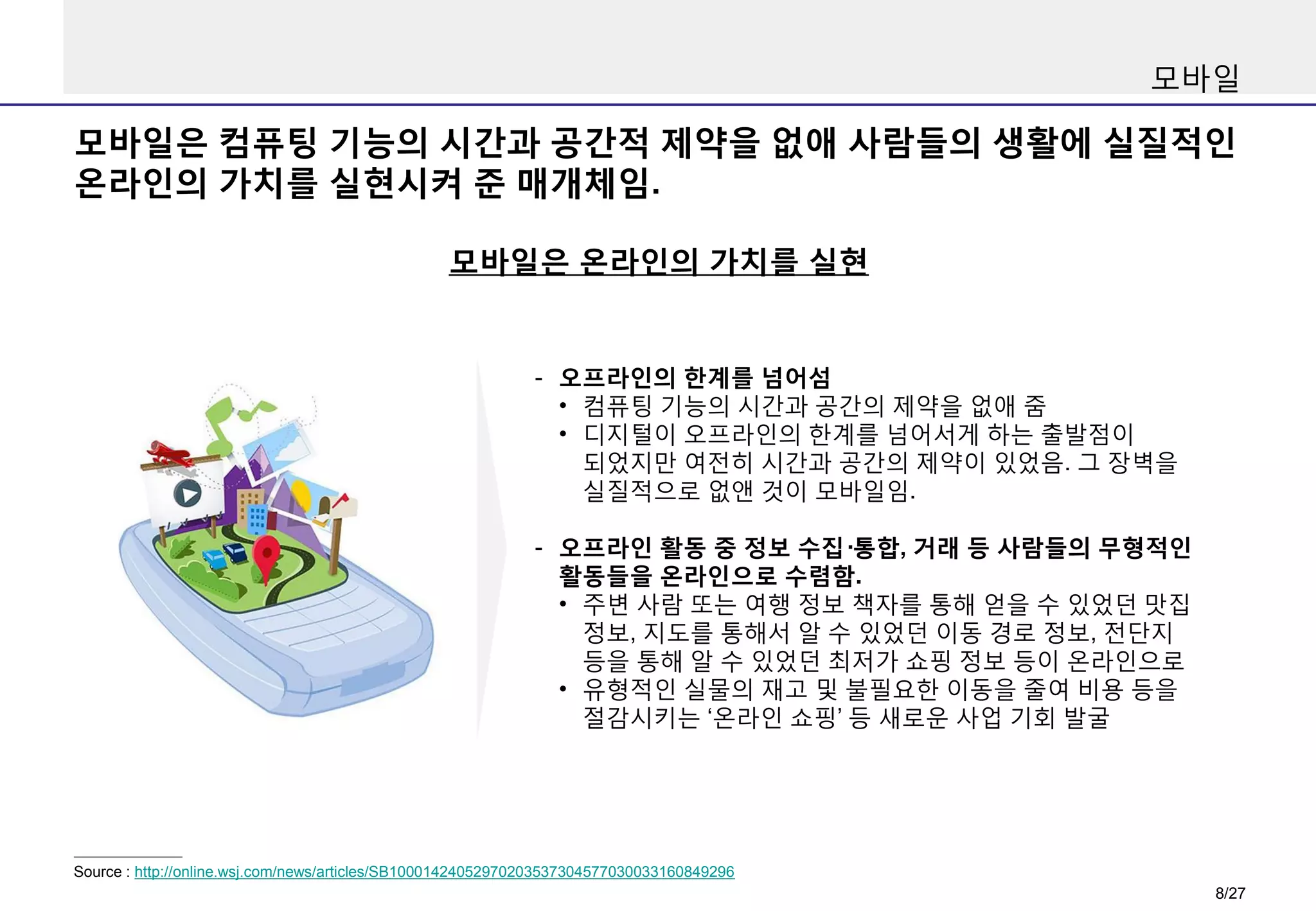 모바일

모바일은 컴퓨팅 기능의 시간과 공간적 제약을 없애 사람들의 생활에 실질적인
온라인의 가치를 실현시켜 준 매개체임.
모바일은 온라인의 가치를 실현

- 오프라인의 한계를 넘어섬
• 컴퓨팅 기능의 시간과 공간의 제약을 없애 줌
• 디지털이 오프라인의 한계를 넘어서게 하는 출발점이
되었지만 여전히 시간과 공간의 제약이 있었음. 그 장벽을
실질적으로 없앤 것이 모바일임.
- 오프라인 활동 중 정보 수집·통합, 거래 등 사람들의 무형적인
활동들을 온라인으로 수렴함.
• 주변 사람 또는 여행 정보 책자를 통해 얻을 수 있었던 맛집
정보, 지도를 통해서 알 수 있었던 이동 경로 정보, 전단지
등을 통해 알 수 있었던 최저가 쇼핑 정보 등이 온라인으로
• 유형적인 실물의 재고 및 불필요한 이동을 줄여 비용 등을
절감시키는 ‘온라인 쇼핑’ 등 새로운 사업 기회 발굴

Source : http://online.wsj.com/news/articles/SB10001424052970203537304577030033160849296

8/27

 
