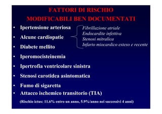 FATTORI DI RISCHIO
MODIFICABILI BEN DOCUMENTATI
• Ipertensione arteriosa
• Alcune cardiopatie
• Diabete mellito
• Iperomocisteinemia
• Ipertrofia ventricolare sinistra
• Stenosi carotidea asintomatica
• Fumo di sigaretta
• Attacco ischemico transitorio (TIA)
(Rischio ictus: 11.6% entro un anno, 5.9%/anno nei successivi 4 anni)
Fibrillazione atriale
Endocardite infettiva
Stenosi mitralica
Infarto miocardico esteso e recente
 