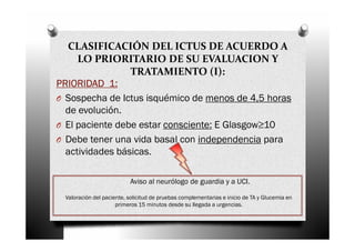 CLASIFICACIÓN DEL ICTUS DE ACUERDO A
     LO PRIORITARIO DE SU EVALUACION Y
                 TRATAMIENTO (I):
PRIORIDAD 1:
O Sospecha de Ictus isquémico de menos de 4,5 horas
  de evolución.
O El paciente debe estar consciente: E Glasgow≥10
O Debe tener una vida basal con independencia para
  actividades básicas.

                          Aviso al neurólogo de guardia y a UCI.

 Valoración del paciente, solicitud de pruebas complementarias e inicio de TA y Glucemia en
                     primeros 15 minutos desde su llegada a urgencias.
 