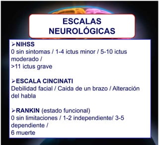 ESCALAS
NEUROLÓGICAS
NIHSS
0 sin sintomas / 1-4 ictus minor / 5-10 ictus
moderado /
>11 ictus grave
ESCALA CINCINATI
Debilidad facial / Caida de un brazo / Alteración
del habla
RANKIN (estado funcional)
0 sin limitaciones / 1-2 independiente/ 3-5
dependiente /
6 muerte
 
