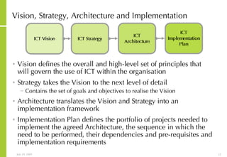 Vision, Strategy, Architecture and Implementation Vision defines the overall and high-level set of principles that will govern the use of ICT within the organisation Strategy takes the Vision to the next level of detail Contains the set of goals and objectives to realise the Vision Architecture translates the Vision and Strategy into an implementation framework Implementation Plan defines the portfolio of projects needed to implement the agreed Architecture, the sequence in which the need to be performed, their dependencies and pre-requisites and implementation requirements 