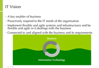 IT Vision A key enabler of business Proactively respond to the IT needs of the organisation Implement flexible and agile systems and infrastructures and be flexible and agile in it dealings with the business  Connected to and aligned with the business and its requirements Business Information Technology 