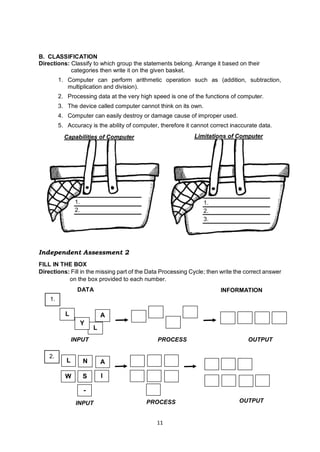 11
B. CLASSIFICATION
Directions: Classify to which group the statements belong. Arrange it based on their
categories then write it on the given basket.
1. Computer can perform arithmetic operation such as (addition, subtraction,
multiplication and division).
2. Processing data at the very high speed is one of the functions of computer.
3. The device called computer cannot think on its own.
4. Computer can easily destroy or damage cause of improper used.
5. Accuracy is the ability of computer, therefore it cannot correct inaccurate data.
Independent Assessment 2
FILL IN THE BOX
Directions: Fill in the missing part of the Data Processing Cycle; then write the correct answer
on the box provided to each number.
DATA INFORMATION
INPUT PROCESS OUTPUT
A
L
L
Y
1.
A
I
L
S
N
W
-
INPUT PROCESS OUTPUT
2.
Capabilities of Computer
1.
2.
Limitations of Computer
1.
2.
3.
 