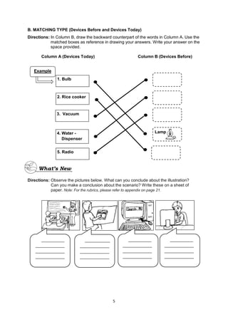 5
B. MATCHING TYPE (Devices Before and Devices Today)
Directions: In Column B, draw the backward counterpart of the words in Column A. Use the
matched boxes as reference in drawing your answers. Write your answer on the
space provided.
Column A (Devices Today) Column B (Devices Before)
Directions: Observe the pictures below. What can you conclude about the illustration?
Can you make a conclusion about the scenario? Write these on a sheet of
paper. Note: For the rubrics, please refer to appendix on page 21.
Lamp
1. Bulb
2. Rice cooker
3. Vacuum
4. Water -
Dispenser
5. Radio
Example
___________
______________
______________
______________
____________
______________
______________
______________
___________
______________
______________
______________
___________
______________
______________
______________
 