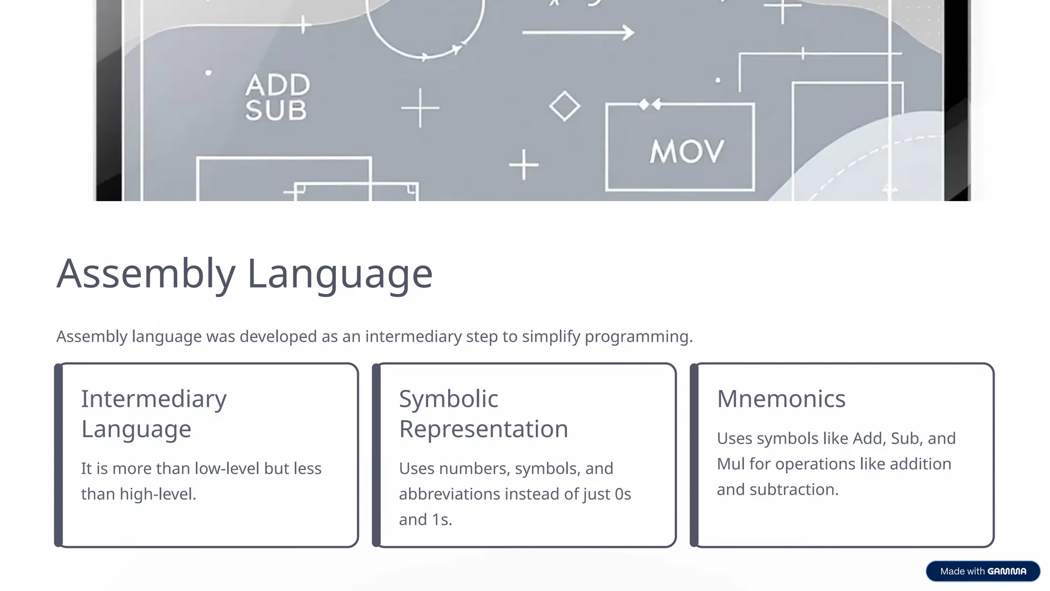 Assembly Language
Assembly language was developed as an intermediary step to simplify programming.
Intermediary
Language
It is more than low-level but less
than high-level.
Symbolic
Representation
Uses numbers, symbols, and
abbreviations instead of just 0s
and 1s.
Mnemonics
Uses symbols like Add, Sub, and
Mul for operations like addition
and subtraction.
 