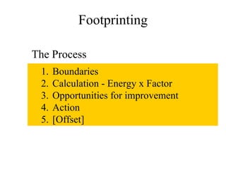 Footprinting <ul><ul><li>Boundaries </li></ul></ul><ul><ul><li>Calculation - Energy x Factor </li></ul></ul><ul><ul><li>Op...