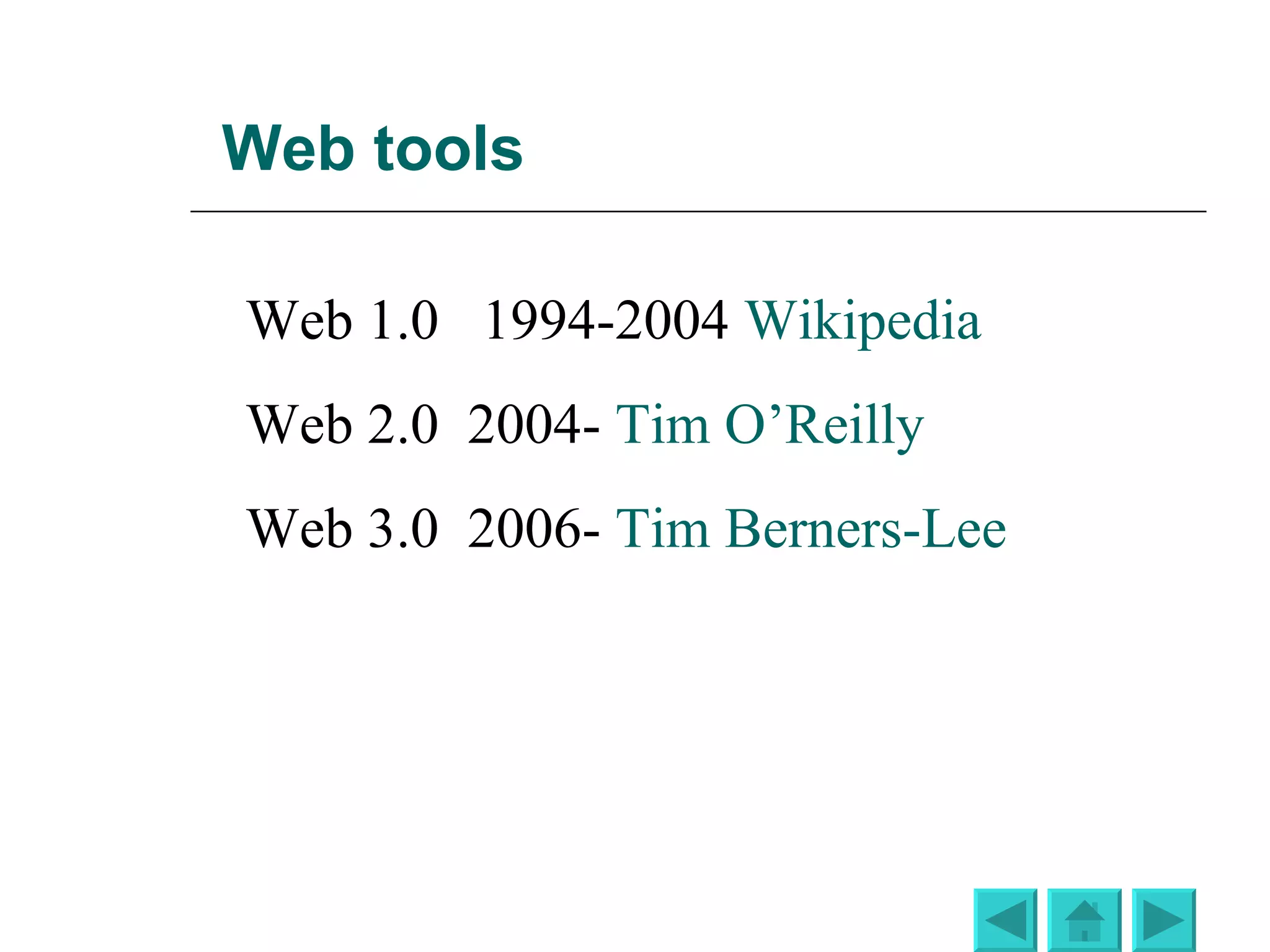 Web evolution Web 1.0 1994 – 2004  Static  Web Web 2.0   2004 – … Social Web Web 3.0   2006 – … Semantic Web 