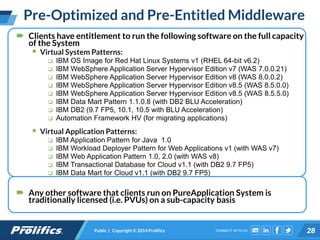 CONNECT WITH US:Public | Copyright © 2014 Prolifics 28
 Clients have entitlement to run the following software on the full capacity
of the System
 Virtual System Patterns:
 IBM OS Image for Red Hat Linux Systems v1 (RHEL 64-bit v6.2)
 IBM WebSphere Application Server Hypervisor Edition v7 (WAS 7.0.0.21)
 IBM WebSphere Application Server Hypervisor Edition v8 (WAS 8.0.0.2)
 IBM WebSphere Application Server Hypervisor Edition v8.5 (WAS 8.5.0.0)
 IBM WebSphere Application Server Hypervisor Edition v8.5 (WAS 8.5.5.0)
 IBM Data Mart Pattern 1.1.0.8 (with DB2 BLU Acceleration)
 IBM DB2 (9.7 FP5, 10.1, 10.5 with BLU Acceleration)
 Automation Framework HV (for migrating applications)
 Virtual Application Patterns:
 IBM Application Pattern for Java 1.0
 IBM Workload Deployer Pattern for Web Applications v1 (with WAS v7)
 IBM Web Application Pattern 1.0, 2.0 (with WAS v8)
 IBM Transactional Database for Cloud v1.1 (with DB2 9.7 FP5)
 IBM Data Mart for Cloud v1.1 (with DB2 9.7 FP5)
 Any other software that clients run on PureApplication System is
traditionally licensed (i.e. PVUs) on a sub-capacity basis
Pre-Optimized and Pre-Entitled Middleware
 
