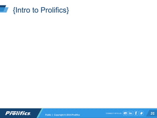 CONNECT WITH US:
{Intro to Prolifics}
Public | Copyright © 2014 Prolifics 31
 
