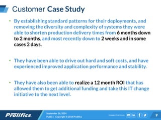 CONNECT WITH US:
Customer Case Study
September 26, 2014
Public | Copyright © 2014 Prolifics 9
• By establishing standard patterns for their deployments, and
removing the diversity and complexity of systems they were
able to shorten production delivery times from 6 months down
to 2 months, and most recently down to 2 weeks and in some
cases 2 days.
• They have been able to drive out hard and soft costs, and have
experienced improved application performance and stability.
• They have also been able to realize a 12 month ROI that has
allowed them to get additional funding and take this IT change
initiative to the next level.
 