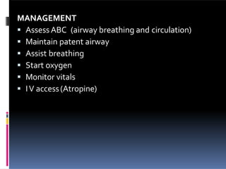 MANAGEMENT
 AssessABC (airway breathing and circulation)
 Maintain patent airway
 Assist breathing
 Start oxygen
 Monitor vitals
 IV access(Atropine)
 