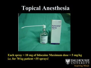 Topical Anesthesia Each spray = 10 mg of lidocaine Maximum dose = 5 mg/kg i.e. for 70 kg patient =35 sprays! 