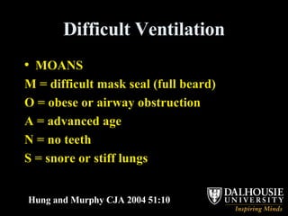 Difficult Ventilation MOANS M = difficult mask seal (full beard) O = obese or airway obstruction A = advanced age N = no teeth S = snore or stiff lungs Hung and Murphy CJA 2004 51:10 