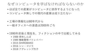 なぜコンピュータを学ばなければならないのか
• ほぼ全ての産業がコンピュータに依存するようになった
• コンピュータ無しでの現代の産業は成り立たない
• 工場の情報化は80年代から
• 一般オフィスへの浸透は2000年ごろ
• 1990年前後と現在を、フィクションの中で比較してみる
• 1988 美味しんぼ
• 1989 機動警察パトレイバー
• 2015 SHIROBAKO
• 2016 シン・ゴジラ
• 2018 アグレッシブ烈子
 