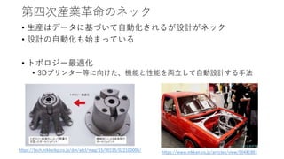 第四次産業革命のネック
• 生産はデータに基づいて自動化されるが設計がネック
• 設計の自動化も始まっている
• トポロジー最適化
• 3Dプリンター等に向けた、機能と性能を両立して自動設計する手法
https://tech.nikkeibp.co.jp/dm/atcl/mag/15/00195/022100008/ https://www.nikkan.co.jp/articles/view/00481801
 