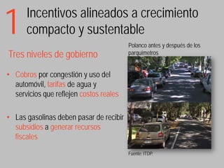 1     Incentivos alineados a crecimiento
      compacto y sustentable
                                         Polanco antes y después de los
Tres niveles de gobierno                 parquímetros


• Cobros por congestión y uso del
  automóvil, tarifas de agua y
  servicios que reflejen costos reales

• Las gasolinas deben pasar de recibir
  subsidios a generar recursos
  fiscales
                                         Fuente: ITDP.
 