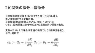 目的関数の微分→偏微分
目的関数の微分は先ほど出てきた微分とは少し違う。
違いは微分をする変数の数。
目的関数はfθ(x)を含んでいる。(fθ(x) = θ0+θ1x)
つまり、目的関数はθ0とθ1の2つの変数を持つ関数である。
変数が2つ以上の場合は普通の微分ではなく偏微分を使う。
以下、更新式
 