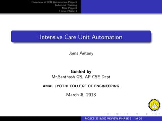 Overview of ICU Automation Project
                 Industrial Training
                      Mini Project
                    Thesis Phase-1




      Intensive Care Unit Automation

                             Joms Antony



                        Guided by
               Mr.Santhosh GS, AP CSE Dept

        AMAL JYOTHI COLLEGE OF ENGINEERING

                           March 8, 2013



                                       MCSCS 301&302 REVIEW PHASE-2   1of 26
 