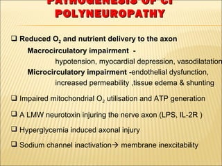 PPAATTHHOOGGEENNEESSIISS OOFF CCII 
PPOOLLYYNNEEUURROOPPAATTHHYY 
 Reduced O2 and nutrient delivery to the axon 
Macrocirculatory impairment - 
hypotension, myocardial depression, vasodilatation 
Microcirculatory impairment -endothelial dysfunction, 
increased permeability ,tissue edema & shunting 
 Impaired mitochondrial O2 utilisation and ATP generation 
 A LMW neurotoxin injuring the nerve axon (LPS, IL-2R ) 
 Hyperglycemia induced axonal injury 
 Sodium channel inactivation membrane inexcitability 
 