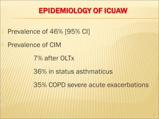  Prevalence of 46% [95% CI] 
 Prevalence of CIM 
7% after OLTx 
36% in status asthmaticus 
35% COPD severe acute exacerbations 
4 
 