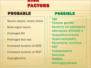 PPRROOBBAABBLLEE 
 Severe sepsis/ septic shock 
 Multi-organ failure 
 Prolonged MV 
 Prolonged bed rest 
 Increased duration of SIRS 
 Increased duration of MOF 
 Hyperglycemia 
PPOOSSSSIIBBLLEE 
RRIISSKK 
FFAACCTTOORRSS 
 Age 
 Female gender 
 Severity on admission 
 Admission APACHE II 
 Hypoalbuminemia 
 Hyperosmolality 
 Parenteral nutrition 
 RRT 
 Vasopressors 
 Steroids 
 NMBAs 
 Aminoglycosides 
 