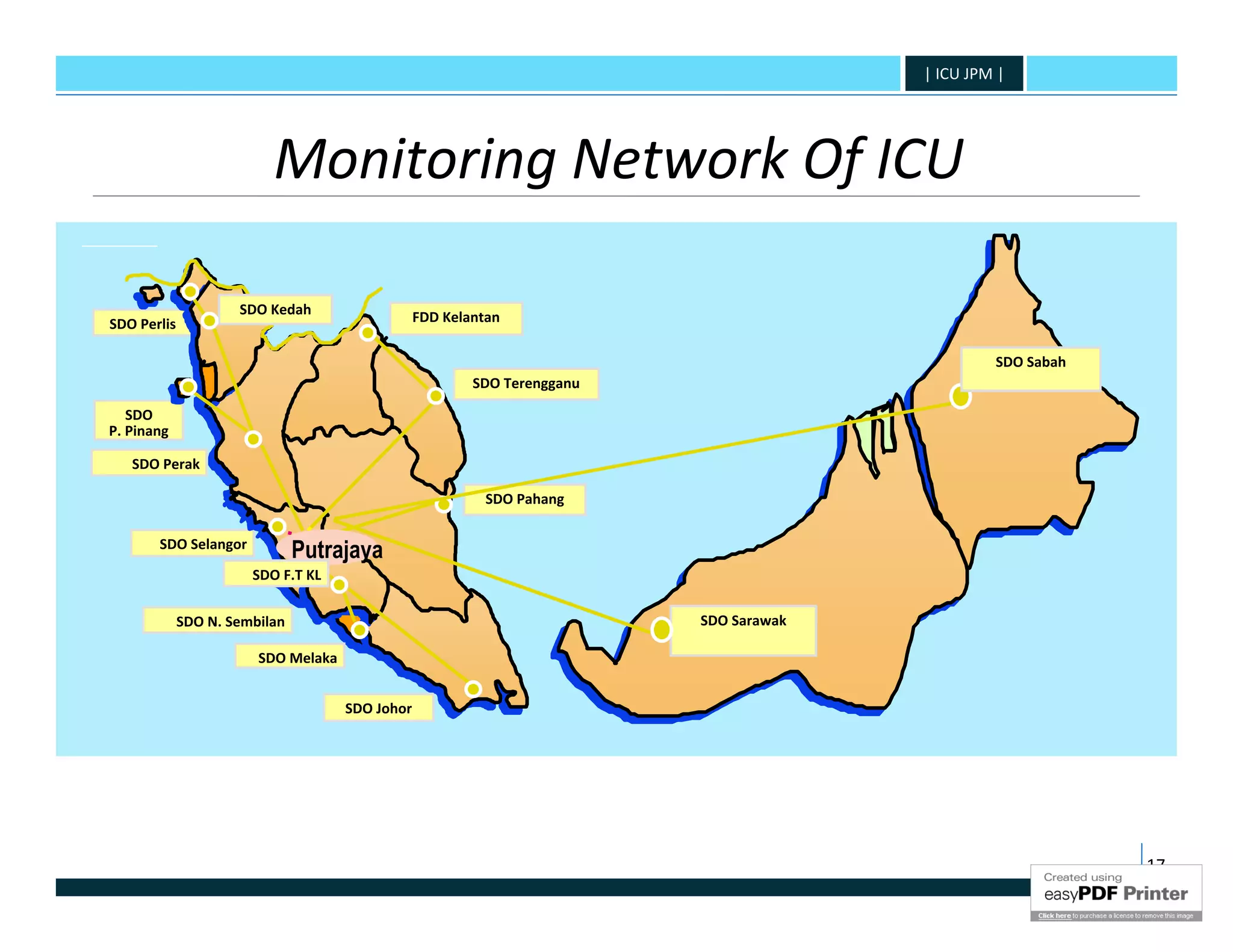 | ICU JPM |




                          Monitoring Network Of ICU

                     SDO Kedah                   FDD Kelantan
SDO Perlis

                                                                                                 SDO Sabah
                                                         SDO Terengganu

   SDO
P. Pinang

   SDO Perak

                                                           SDO Pahang

       SDO Selangor
                               Putrajaya
                       SDO F.T KL


             SDO N. Sembilan                                              SDO Sarawak

                        SDO Melaka


                                     SDO Johor




                                                                                                             17
 