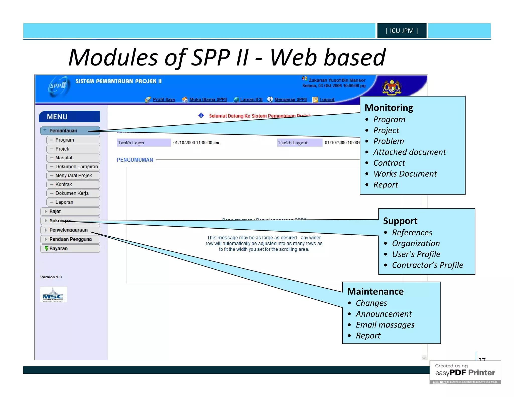 | ICU JPM |



Modules of SPP II - Web based
                               Monitoring
                               •   Program
                               •   Project
                               •   Problem
                               •   Attached document
                               •   Contract
                               •   Works Document
                               •   Report



                                     Support
                                     •   References
                                     •   Organization
                                     •   User’s Profile
                                     •   Contractor’s Profile

                         Maintenance
                         •   Changes
                         •   Announcement
                         •   Email massages
                         •   Report

                                                                27
 