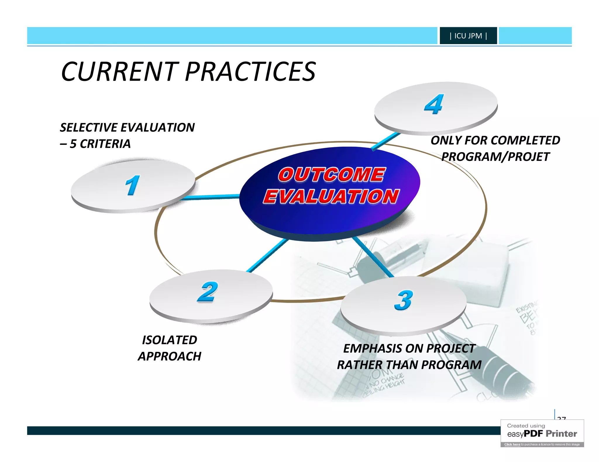 | ICU JPM |




CURRENT PRACTICES
SELECTIVE EVALUATION
– 5 CRITERIA                       ONLY FOR COMPLETED
                                    PROGRAM/PROJET




            ISOLATED
                        EMPHASIS ON PROJECT
           APPROACH
                       RATHER THAN PROGRAM


                                                    37
 