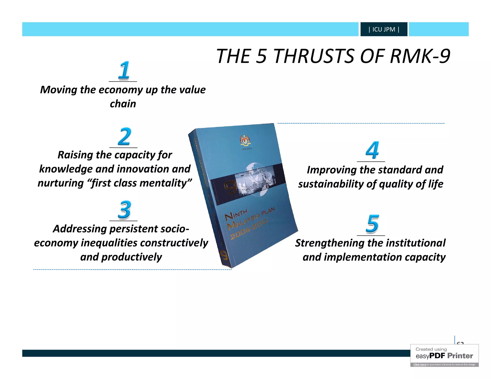 | ICU JPM |



                                      THE 5 THRUSTS OF RMK-9
 Moving the economy up the value
              chain



    Raising the capacity for
knowledge and innovation and                   Improving the standard and
nurturing “first class mentality”            sustainability of quality of life


   Addressing persistent socio-
economy inequalities constructively          Strengthening the institutional
        and productively                      and implementation capacity




                                                                                 63
 