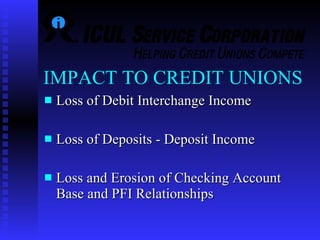 IMPACT TO CREDIT UNIONS Loss of Debit Interchange Income Loss of Deposits - Deposit Income Loss and Erosion of Checking Account Base and PFI Relationships 