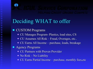 Deciding WHAT to offer CUSTOM Programs CU Manages Program- Plastics, load sites, CS CU Assumes All Risk – Fraud, Overages, etc.. CU Earns All Income – purchase, loads, breakage Agency Programs CU Partners with Proven Provider No Risk – No Liability CU Earns Partial Income – purchase, monthly fees,etc  