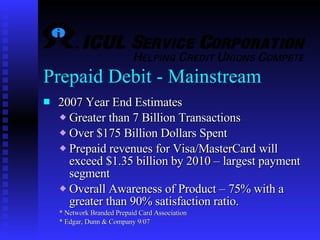 Prepaid Debit - Mainstream  2007 Year End Estimates Greater than 7 Billion Transactions Over $175 Billion Dollars Spent Prepaid revenues for Visa/MasterCard will exceed $1.35 billion by 2010 – largest payment segment  Overall Awareness of Product – 75% with a greater than 90% satisfaction ratio.  * Network Branded Prepaid Card Association * Edgar, Dunn & Company 9/07 