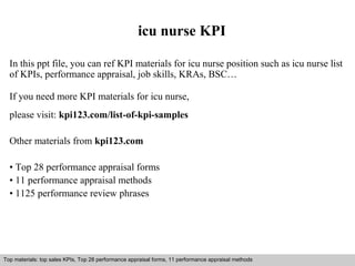 icu nurse KPI 
In this ppt file, you can ref KPI materials for icu nurse position such as icu nurse list 
of KPIs, performance appraisal, job skills, KRAs, BSC… 
If you need more KPI materials for icu nurse, 
please visit: kpi123.com/list-of-kpi-samples 
Other materials from kpi123.com 
• Top 28 performance appraisal forms 
• 11 performance appraisal methods 
• 1125 performance review phrases 
Top materials: top sales KPIs, Top 28 performance appraisal forms, 11 performance appraisal methods 
Interview questions and answers – free download/ pdf and ppt file 
 