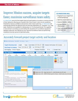 The Art of Where

Improve Mission success, acquire targets
faster, maximize surveillance team safety.
icu predictions uses all of the targets historical travel patterns to produce a concise summary

of their behaviour allowing you to predict their future travel. A user can set a prediction
threshold to improve confidence and precision when mission planning. icu predictions will
automatically identify the Optimal Cycle and eliminate dependency on “standard” 5 or 7 day
week. Predictions are available for viewing down to 15 minute granularity. This capability
is instrumental in providing accurate battery life calculations for surveillance equipment,
takedown planning, and making sure your Technical Surveillance teams are performing
installations during a period of optimized safety.

icu Predictions will:
»» Fingerprint your target from
a travel perspective
»» Optimize mission planning
»» Improve installers safety
»» Increase Mission
effectiveness
»» Track more targets with the
same team size

Accurately forward-project target activity and location

www.G2-Research.com
E icu@G2-Research.com
T +001 (902) 407-3191

 