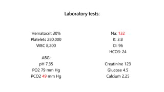 Laboratory tests:
Hematocrit 30%
Platelets 280,000
WBC 8,200
ABG:
pH 7.35
PO2 79 mm Hg
PCO2 49 mm Hg
Na: 132
K: 3.8
Cl: 96
HCO3: 24
Creatinine 123
Glucose 4.5
Calcium 2.25
 