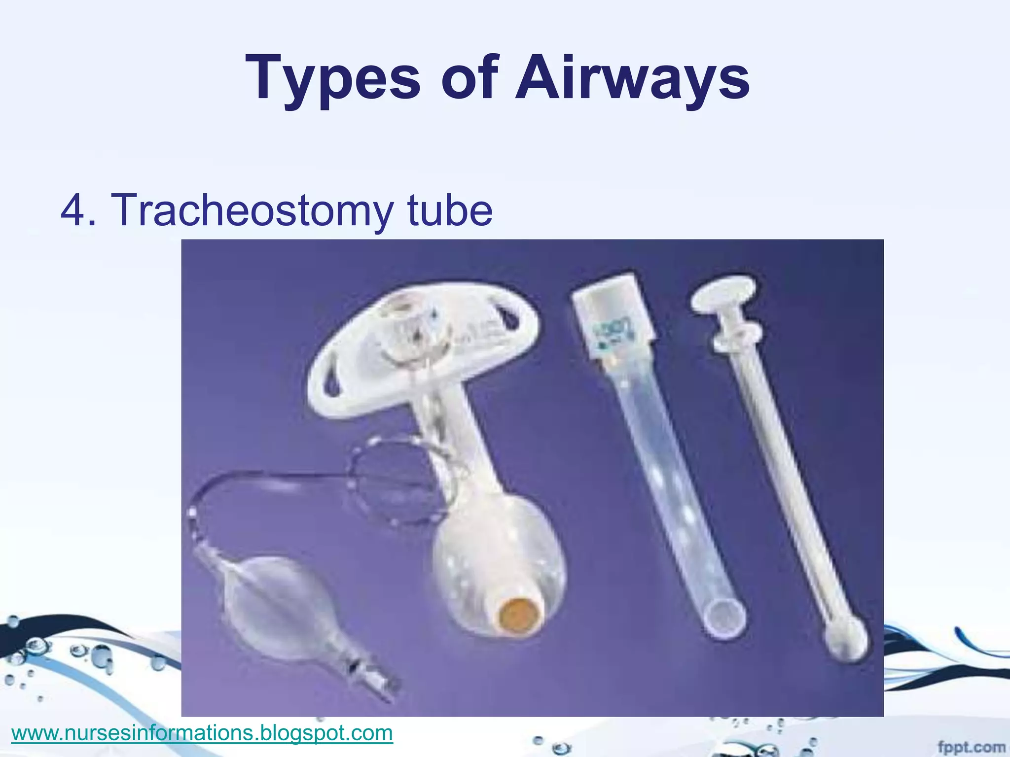 Types of Airways

    4. Tracheostomy tube




www.nursesinformations.blogspot.com
 