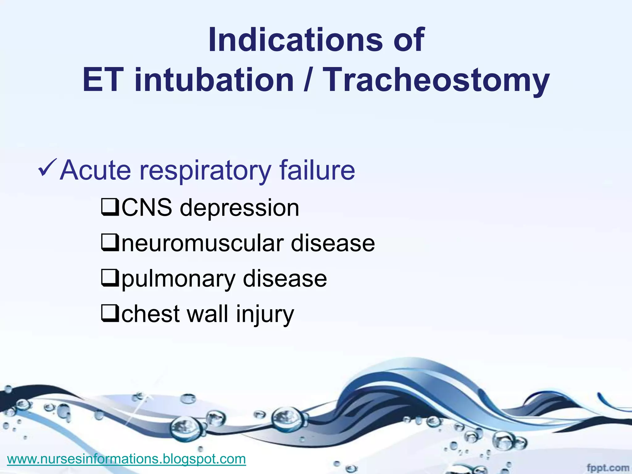 Indications of
          ET intubation / Tracheostomy

    Acute respiratory failure
             CNS depression
             neuromuscular disease
             pulmonary disease
             chest wall injury




www.nursesinformations.blogspot.com
 