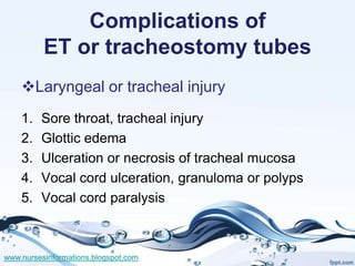 Complications of
          ET or tracheostomy tubes
    Laryngeal or tracheal injury
    1.   Sore throat, tracheal injur...