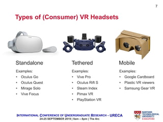 INTERNATIONAL CONFERENCE OF UNDERGRADUATE RESEARCH – URECA
24-25 SEPTEMBER 2019 | 9am – 8pm | The Arc
Types of (Consumer) VR Headsets
Standalone Tethered Mobile
Examples:
• Oculus Go
• Oculus Quest
• Mirage Solo
• Vive Focus
Examples:
• Google Cardboard
• Plastic VR viewers
• Samsung Gear VR
Examples:
• Vive Pro
• Oculus Rift S
• Steam Index
• Pimax VR
• PlayStation VR
7
 
