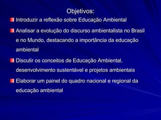 Objetivos: Introduzir a reflexão sobre Educação Ambiental Analisar a evolução do discurso ambientalista no Brasil e no Mundo, destacando a importância da educação ambiental Discutir os conceitos de Educação Ambiental, desenvolvimento sustentável e projetos ambientais Elaborar um painel do quadro nacional e regional da educação ambiental  