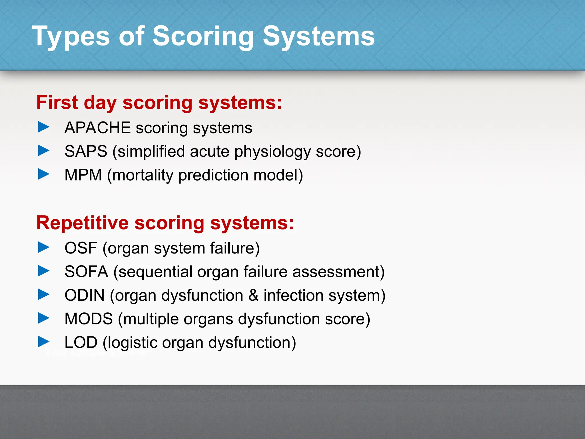 Types of Scoring Systems
First day scoring systems:
► APACHE scoring systems
► SAPS (simplified acute physiology score)
► MPM (mortality prediction model)
Repetitive scoring systems:
► OSF (organ system failure)
► SOFA (sequential organ failure assessment)
► ODIN (organ dysfunction & infection system)
► MODS (multiple organs dysfunction score)
► LOD (logistic organ dysfunction)
 